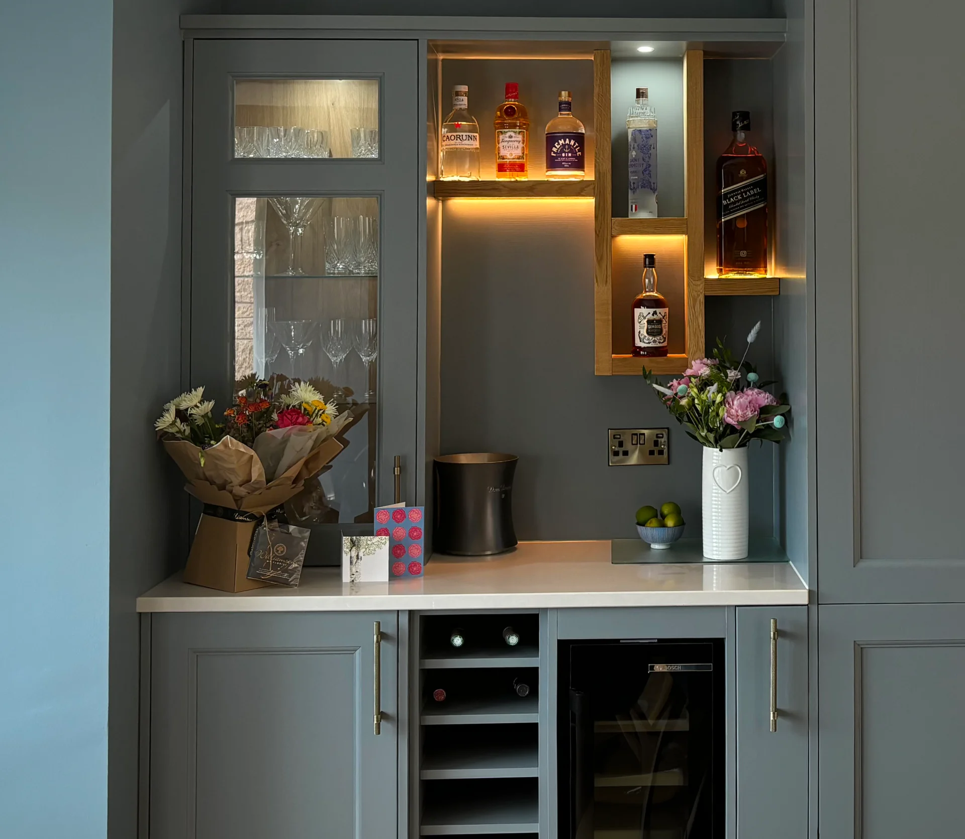 Bespoke drinks cabinet with illuminated shelving